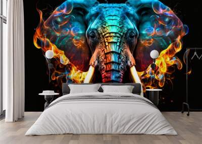 Elephant head with fire flames and smoke on black background, creative design Wall mural