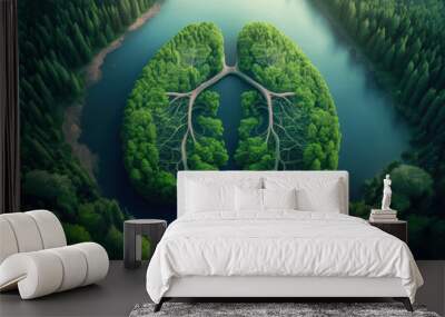 Green lungs of planet Earth. A green island in a shape of lungs in the middle of a clear lake and the virgin forest. Ai generated Wall mural