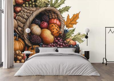 A detailed hand-drawn banner of a cornucopia overflowing with fruits, nuts, and vegetables, Thanksgiving, banner Wall mural