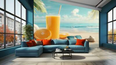 A picturesque scene of a tropical setting with a refreshing glass of orange juice on a beach table, accompanied by a straw, sunglasses, and seashells, evoking a vacation vibe, Illu Wall mural