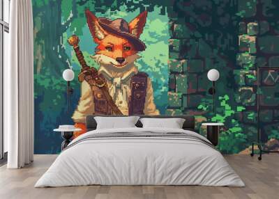 A pixel art fox-man character wearing a merchant's vest and hat, holding a coin pouch , game assets, pixel art Wall mural