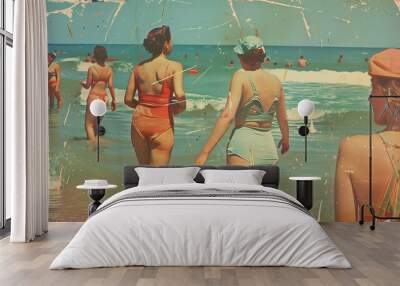 Vintage beach scenes with people in old-fashioned swimsuits , postcard design, Postcard Wall mural