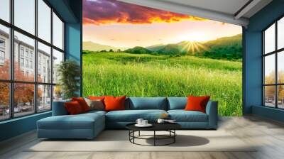 summer of spring landscape of green grass meadow with great beautiful mountains and awersome golden cloudy sunset Wall mural