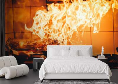 The chef cooking and makes a fire in a pan. Cooking with fire. Crown food. Charismatic chef in the kitchen. Wall mural