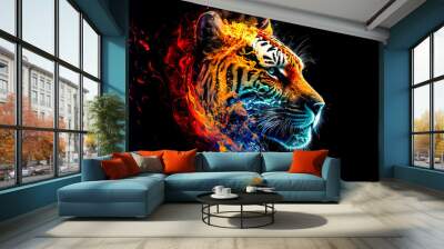 tiger head portrait flame in colored fire on black background, abstract background.  Wall mural