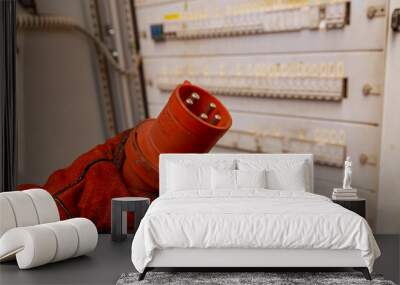 Worker holding a three-phase plug in his hand near an electrical panel Wall mural