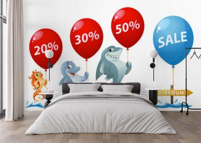 Sale and discount percentages. Funny goldfish, shark and dolphin holding balloons. Wall mural