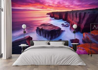 breathtaking cliffs overlooking serene ocean waves dusk vibrant sky colors gentle water movement, aerial, beach, cliffside, coastline, crashing, evening Wall mural