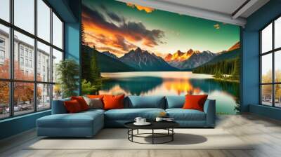 breathtaking landscapes showcasing vibrant sunrises sunsets over majestic serene lush expansive skies, mountain, lake, forest, sky, clouds, nature Wall mural