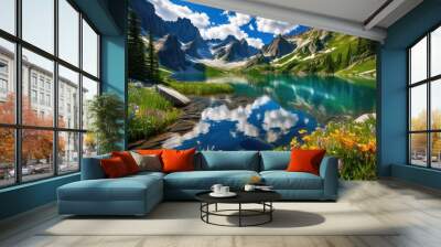 breathtaking mountain peaks reflected serene alpine lakes surrounded lush greenery clear blue skies, summit, heights, water, scenery, landscape, nature, sky Wall mural