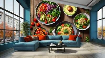 contrasting visual elements quick meals healthy home cooking featuring varied colorful plated presentation styles, ingredient, vegetable, fruit, grain Wall mural