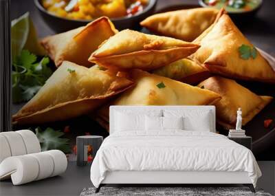 delicious crispy vegetable samosas tasty indian snack spices golden fried, potatoes, triangular, appetizer, crunchy, pastry, filling, savory, flavor, crust Wall mural