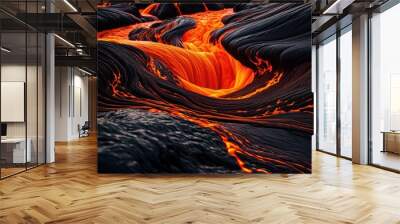 dynamic lava flow displaying vibrant textures patterns fiery orange black tones, molten, energy, movement, surface, heat, geological, eruption, formation Wall mural