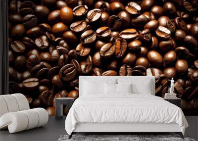 fragrant coffee beans artistically spread across rough surface highlighting natural textures rich colors, aroma, brown, organic, roasted, gourmet Wall mural