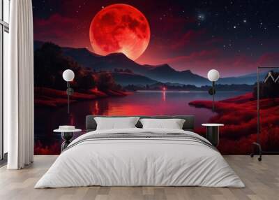 glowing mystical red moon casting its radiance over tranquil landscape enchanting night sky reflective waters, moonlight, illumination, reflection, horizon Wall mural