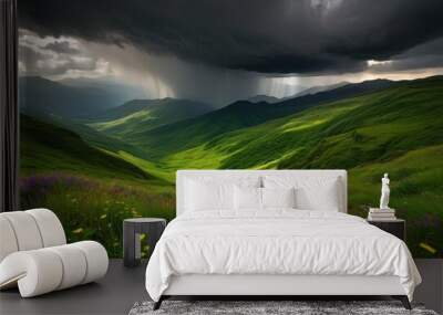 lush green valleys under dramatic dark stormy skies capturing splendor intricacies, landscape, sky, cloud, nature, mountain, greenery, hill, scenic Wall mural