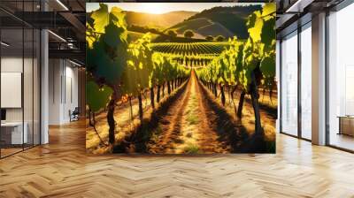 lush vineyard landscape featuring flourishing grape vines bathed warm sunshine under clear blue sky, agriculture, agritourism, blooming, botanical Wall mural