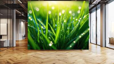 magnificent close capture shimmering green grass dew drops glimmering under natural light, aesthetic, background, beauty, botanical, bright, crisp, detail Wall mural