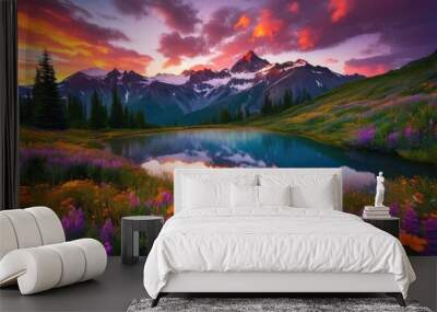 radiant sunrise illuminating majestic mountain peaks vivid colors stunning natural landscape, vibrant, sky, clouds, light, reflection, nature, beauty Wall mural