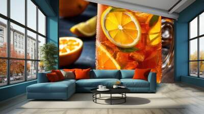 refreshing citrus iced tea lemon orange summer drink refreshment, slices, beverage, cold, cool, glass, juicy, yellow, fruity, vitamin, healthy, zesty, fruits Wall mural