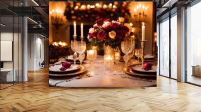 romantic evening roses chocolates cozy setting, flowers, petals, red, heart, love, candlelight, table, wine, glass, celebration, date, romance, passion Wall mural