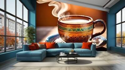 steaming hot coffee cup placed colorful patterned surface intricate designs textures, beverage, drink, textured, ceramic, white, brown, aroma, refreshing Wall mural