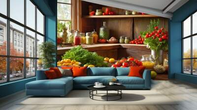 stunning display vibrant ingredients artfully arranged colorful showcasing fresh produce culinary essentials, arrangement, ambiance, bowls, bright, chopping Wall mural