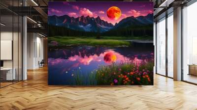 stunning landscape showcasing vibrant red moon rising over scenic horizon lush terrain colorful skies, moonrise, sky, nature, beauty, dusk, twilight, clouds Wall mural