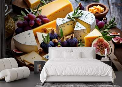 stunningly arranged vibrant cheese platter featuring delightful colorful accompaniments lavish garnish, snacks, fruits, vegetables, dips, crackers, knife Wall mural