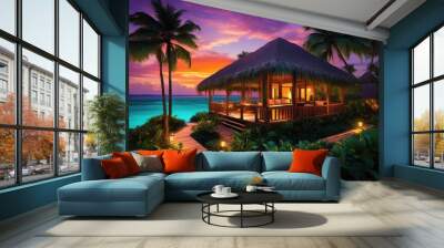 tropical island escape featuring inviting villas surrounded lush foliage vibrant sunsets over serene waters, beach, getaway, ocean, sand, shore, coast Wall mural