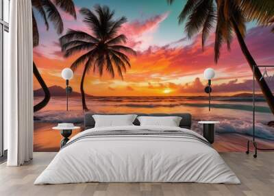 tropical paradise featuring vibrant sunsets calming waves lush landscapes serene beaches, ocean, palm, sky, water, horizon, evening, light, clouds, reflection Wall mural