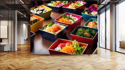 vibrant colorful takeaway boxes showcasing variety delicious dishes bright eye catching designs, appetizing, artful, chef, containers, creative, culinary Wall mural