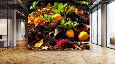 vibrant compost heap showcasing eco friendly waste transformation colorful organic materials natural elements, garden, soil, recycling, nature, environment Wall mural