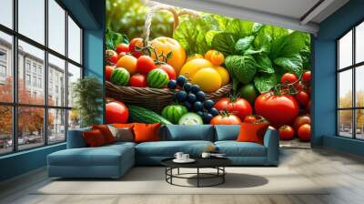 vibrant display organic eco friendly fruits vegetables lush healthy setting emphasizing freshness natural beauty, garden, produce, colorful, harvest Wall mural