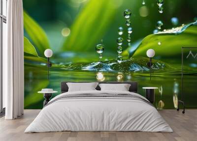 vibrant droplets splashing into crystal clear water creating dynamic ripples reflections serene aquatic environment, bead, blue, design, detail, energy, element Wall mural