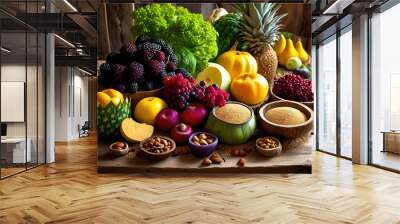 vibrant food arrangement featuring nutritious wholesome ingredients colorful display fresh produce healthy options, vegetables, fruits, nutrition, composition Wall mural