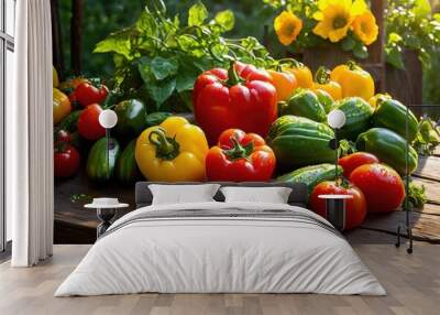 vibrant fresh produce glistening morning dew drops emphasizing freshness natural beauty, apples, bananas, berries, broccoli, cauliflower, carrots Wall mural