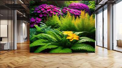 vibrant garden paths surrounded lush foliage featuring varied textures lively plant life, bloom, blossom, flower, petal, greenery, vegetation, flora Wall mural