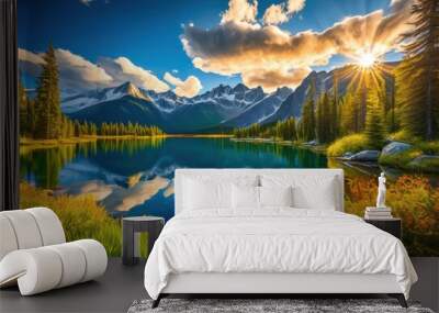 vibrant landscapes featuring stunning natural wonders like lush majestic crystal clear lakes under bright blue skies, nature, forest, mountain, sky Wall mural