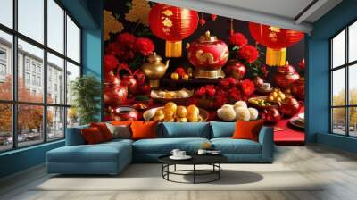 vibrant lunar new year table arrangement featuring colorful traditional festive accents celebration, decoration, centerpieces, flowers, lanterns, plates Wall mural