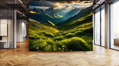 vibrant mountain scenery showcasing dramatic cloud formations amidst lush greenery majestic peaks, adventure, atmosphere, breathtaking, bright, clouds, cliff Wall mural