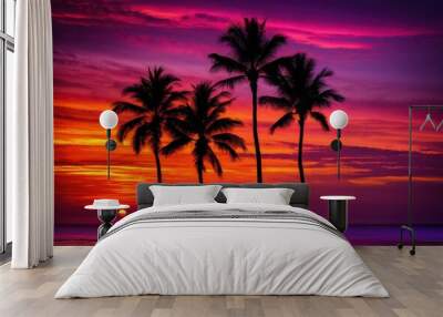 vibrant palm silhouettes stunning sunsets creating breathtaking visual experience, sky, clouds, orange, yellow, blue, light, reflection, tree, nature, eve Wall mural