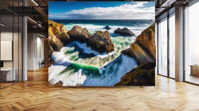 vibrant shoreline dramatic cliffs powerful surf bright blue sky, beach, coastline, ocean, waves, water, rocks, coast, landscape, nature, scenery, sunlight Wall mural