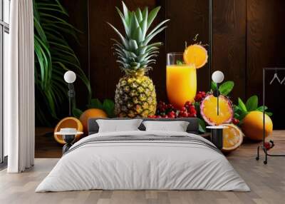 vibrant tropical beverage ingredients displayed textured showcasing colorful fruits refreshing drink elements, lime, orange, mango, pineapple, strawberry Wall mural