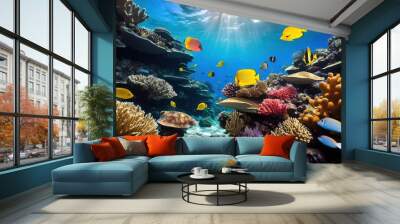 vibrant underwater scenes featuring colorful marine life coral tropical diverse aquatic creatures clear blue ocean environment, reef, fish, biodiversity Wall mural