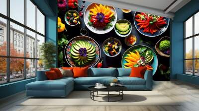 vibrant vegan dishes showcased colorful plates fresh ingredients artistic presentation, appetizing, beautiful, creative, culinary, delicious, design, edible Wall mural