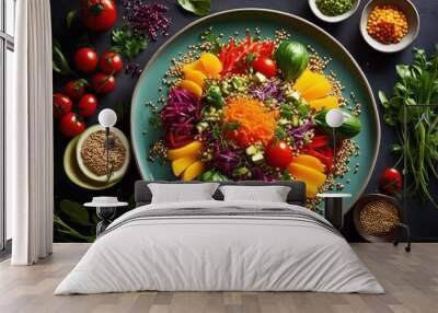 vibrant vegetarian dishes showcased colorful backgrounds highlighting fresh ingredients eye catching presentation, appetizing, artistic, arrangement Wall mural