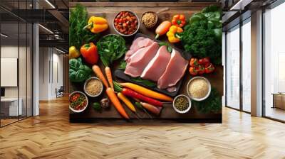 visual showcase fresh dog food ingredients arranged lively colorful display variety natural foods, vibrant, colors, meat, vegetables, fruits, grains, high Wall mural