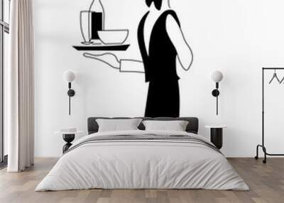 Waiter carries tray with food and drinks. Vector black and white image. Wall mural