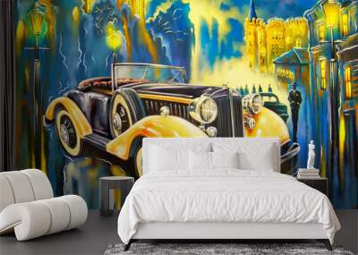 Completely fictional old car in the street. Paintings landscape, fine art Wall mural